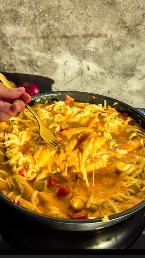 Cremige Schupfnudelpfanne mit Gemüse und geschmolzenem Käse, serviert in einer Pfanne.